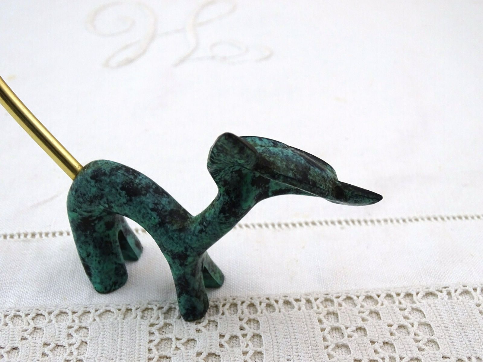 Vintage Mid Century Walter Bosse Cat Ring Holder Made Of Vert De Gris Patina Bronze Metal, Retro Designer Stylized Baller Pussy Cat Big Tail photo 95.0