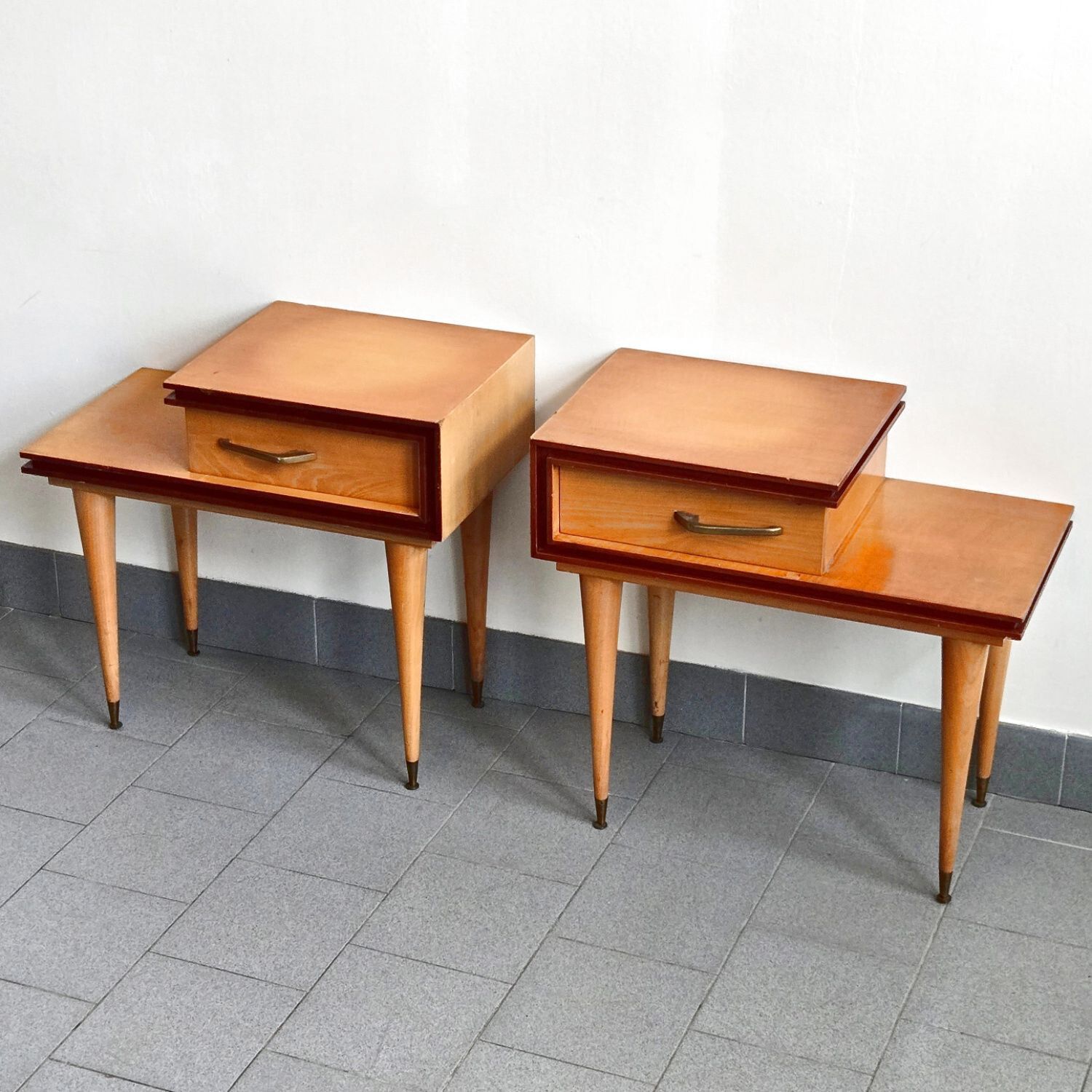 Pair Of Vintage 1960s Asymmetrical Bedside Tables And Heter Varnish & Brass 60s