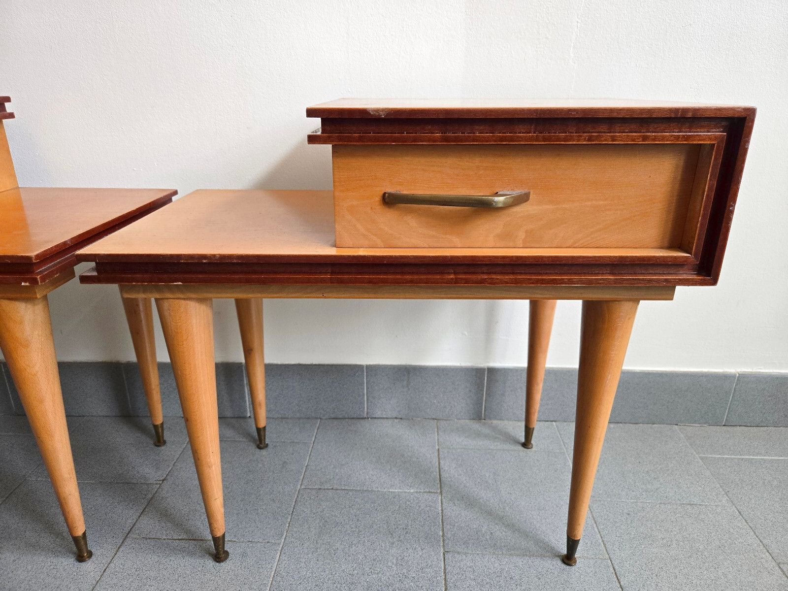 Pair Of Vintage 1960s Asymmetrical Bedside Tables And Heter Varnish & Brass 60s photo buy