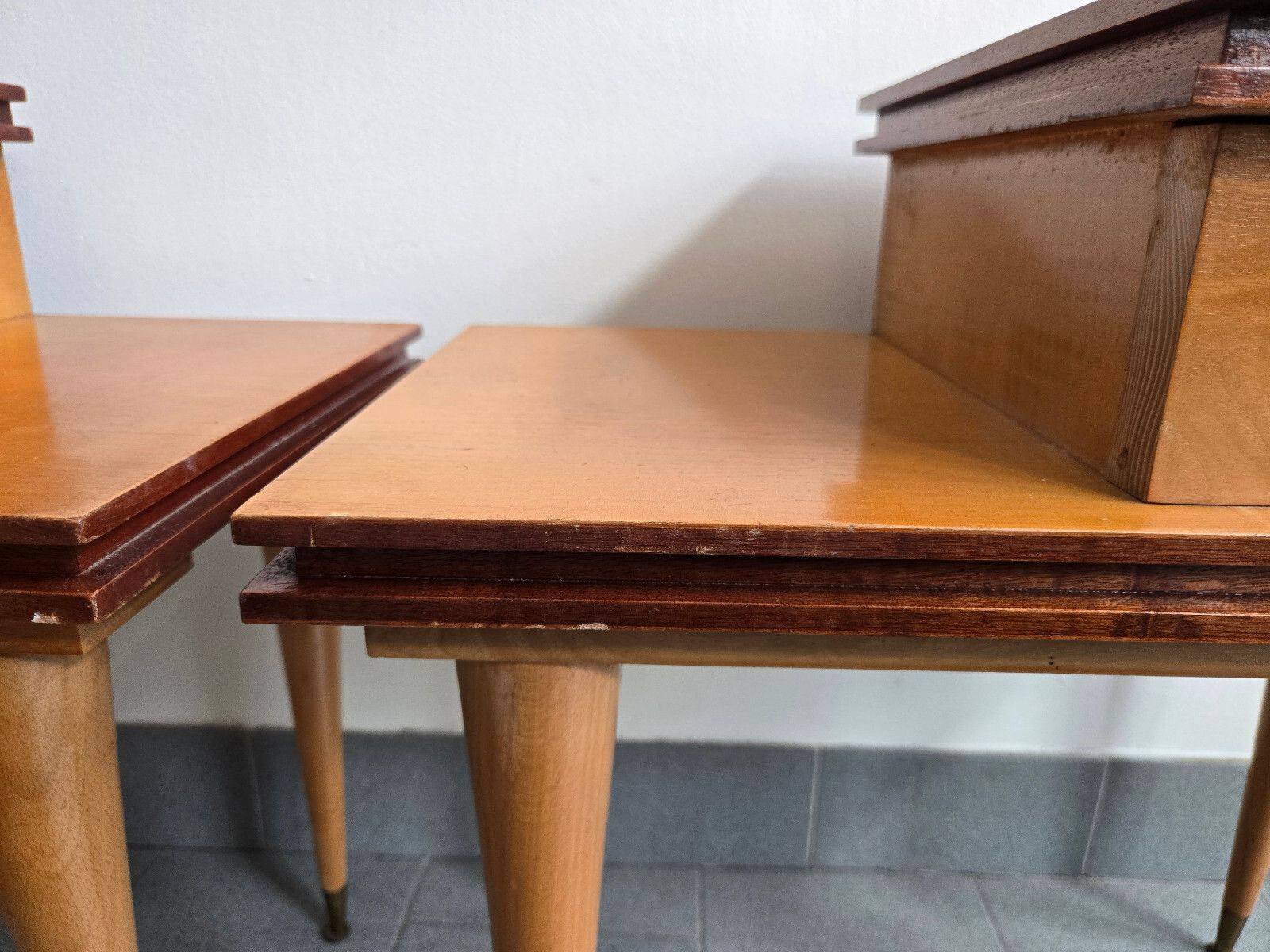 Pair Of Vintage 1960s Asymmetrical Bedside Tables And Heter Varnish & Brass 60s photo vintage