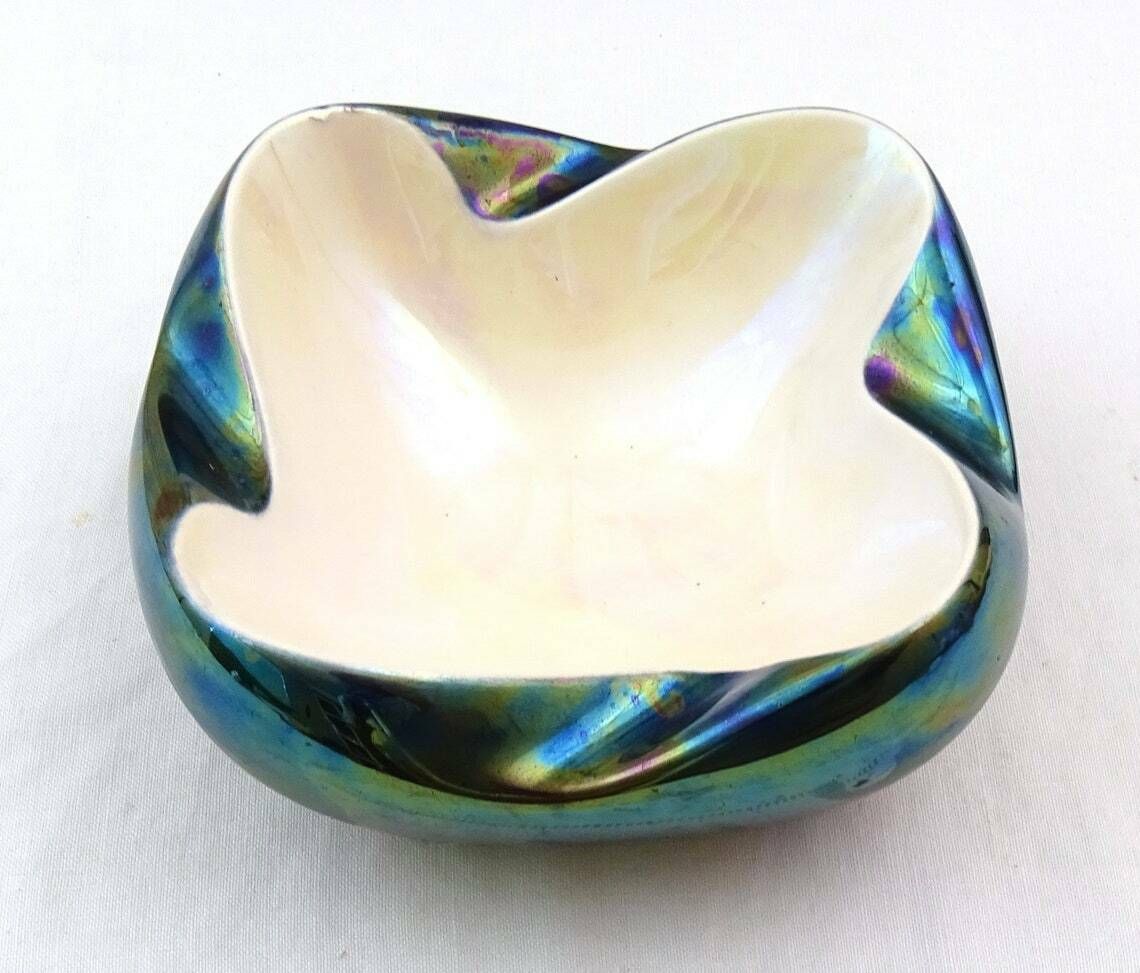 Large Vintage French Mid Century Modern Ceramic Cigar Ashtray By Verceram In Dark Irradissante And Off White Glaze, Retro Mcm Pottery Bowl photo for sale