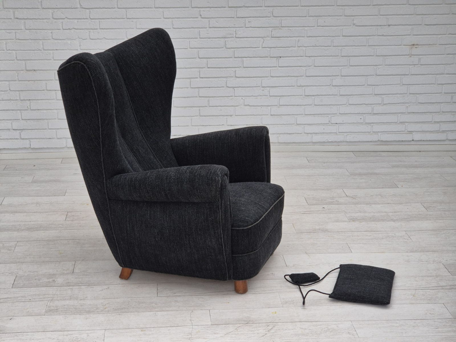 1960s, Danish Relax Armchair, Reupholstered, Gray Furniture Fabric. photo furniture