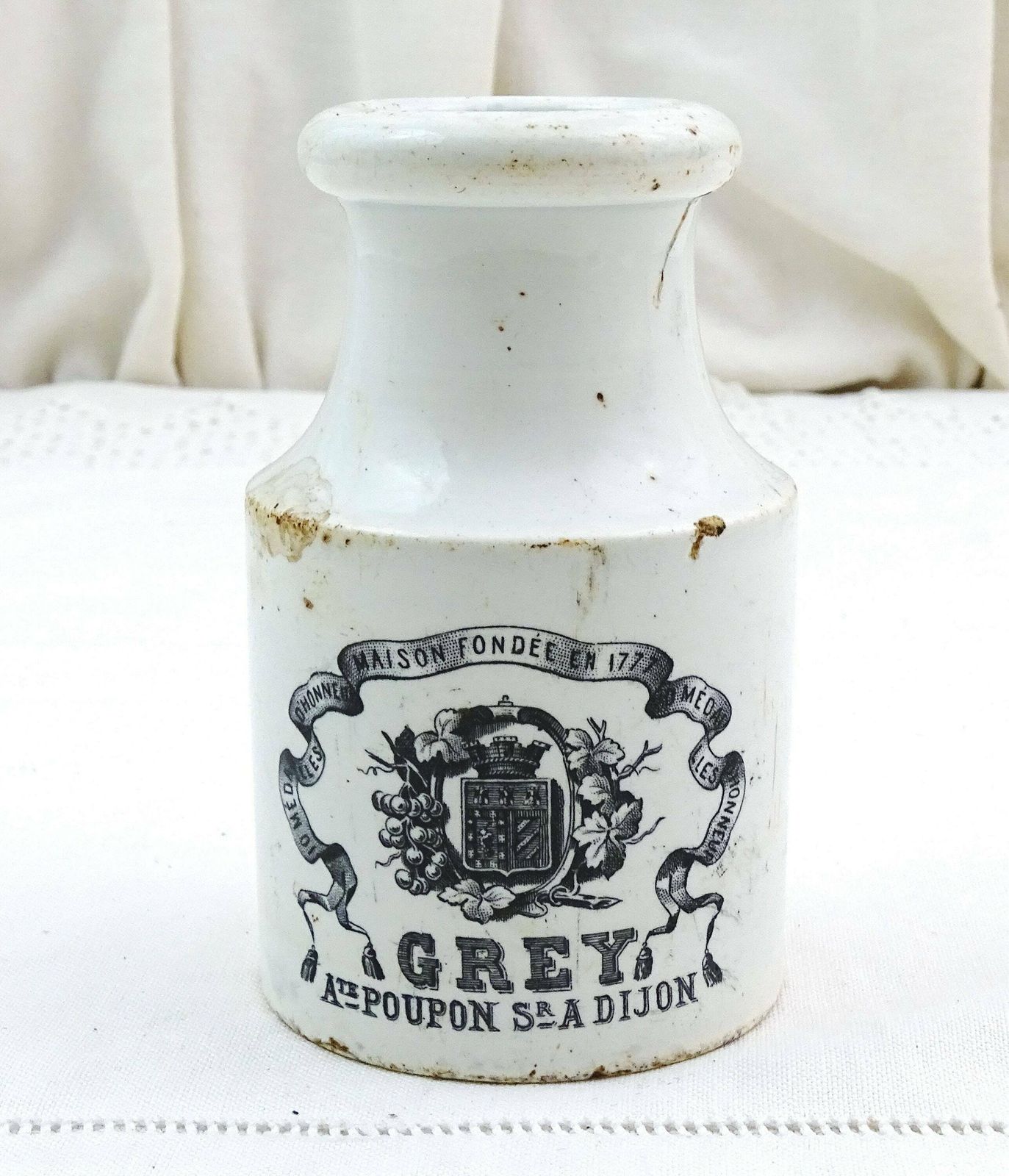 French Antique Grey Mustard Ceramic Crock By Creil Et Montereau, Victorian Kitchen Decor From France, Collectible Pottery Kitchenware photo furniture