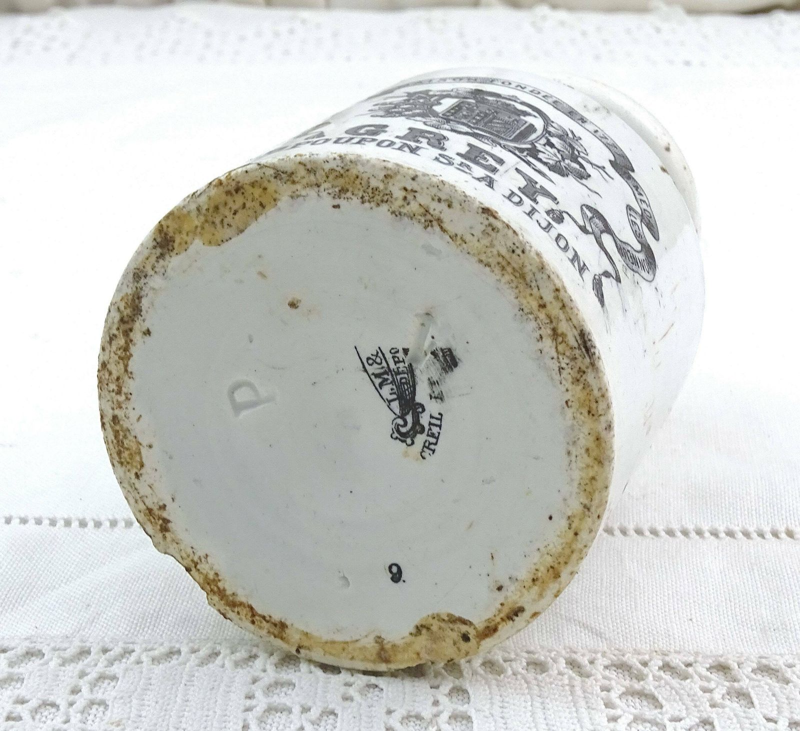 Antiek Frans Grijs Mosterdpotje Van Creil Et Montereau, Victoriaanse Keukendecoratie Uit Frankrijk, Verzamelbaar Aardewerk photo vintage