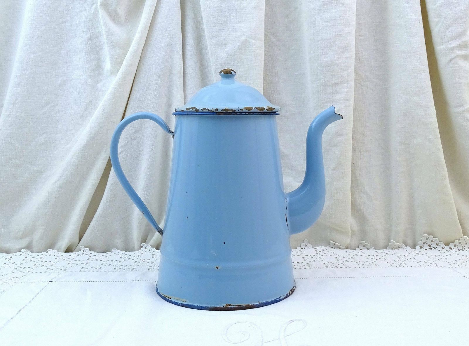 Large French Antique Blue Enamelware Swan Necked Traditional Coffee Pot, Vintage Country Farmhouse Style Enameled Metal Coffee Maker France