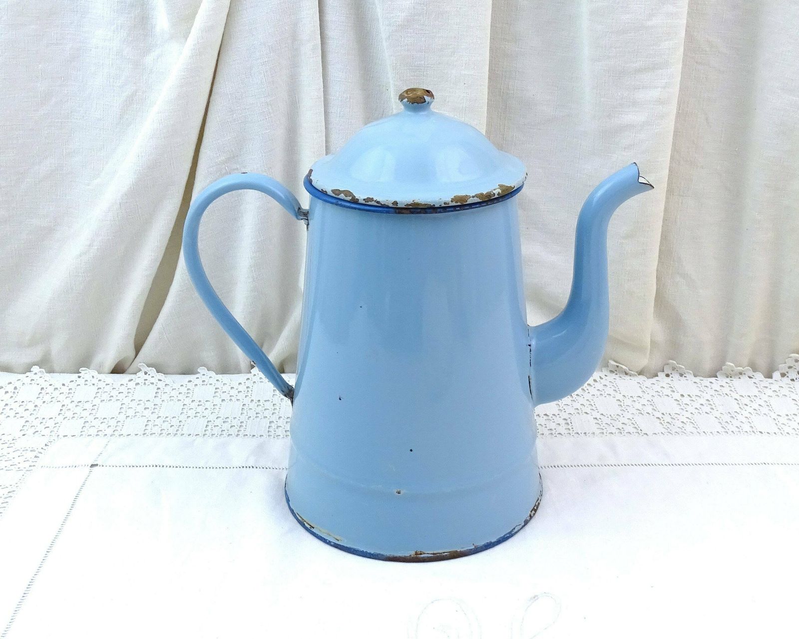 Large French Antique Blue Enamelware Swan Necked Traditional Coffee Pot, Vintage Country Farmhouse Style Enameled Metal Coffee Maker France photo for sale
