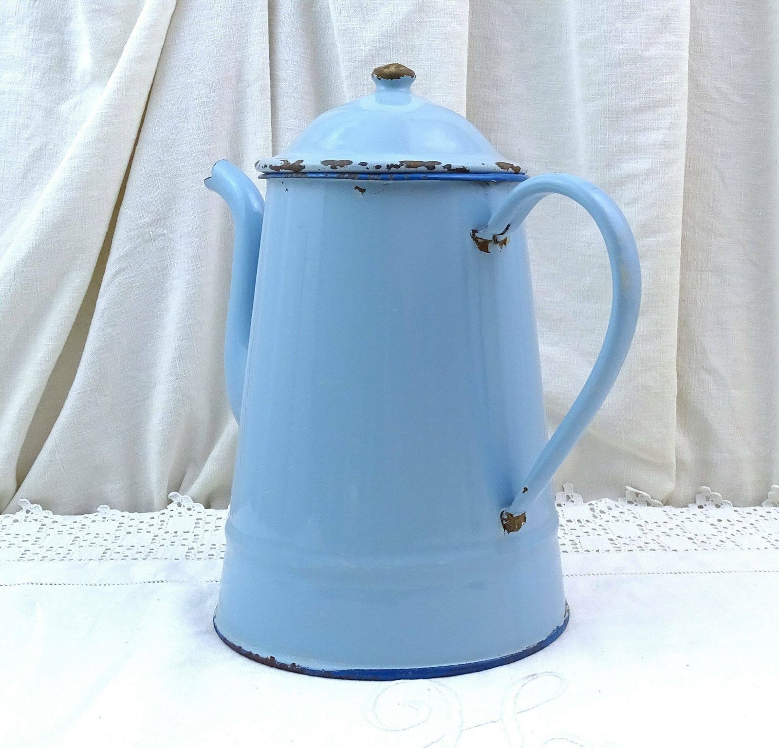 Large French Antique Blue Enamelware Swan Necked Traditional Coffee Pot, Vintage Country Farmhouse Style Enameled Metal Coffee Maker France photo 54.0