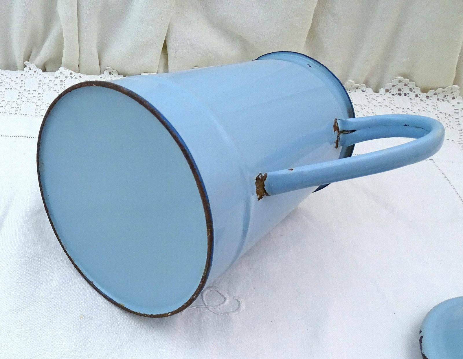 Large French Antique Blue Enamelware Swan Necked Traditional Coffee Pot, Vintage Country Farmhouse Style Enameled Metal Coffee Maker France photo buy