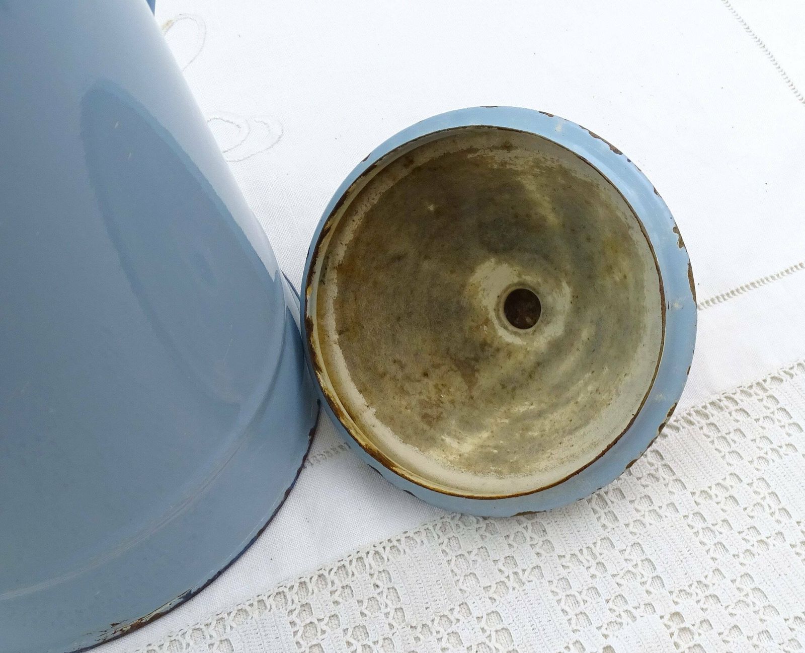 Large French Antique Blue Enamelware Swan Necked Traditional Coffee Pot, Vintage Country Farmhouse Style Enameled Metal Coffee Maker France photo vintage