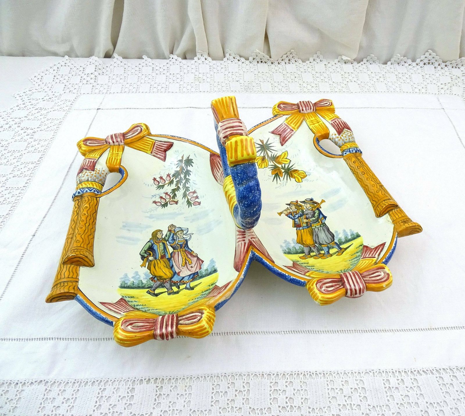 Large Antique French Breton Henriot Quimper Divided Serving Dish Handle In Traditional Celtic Design, Vintage Pottery From Brittany Bagpipes