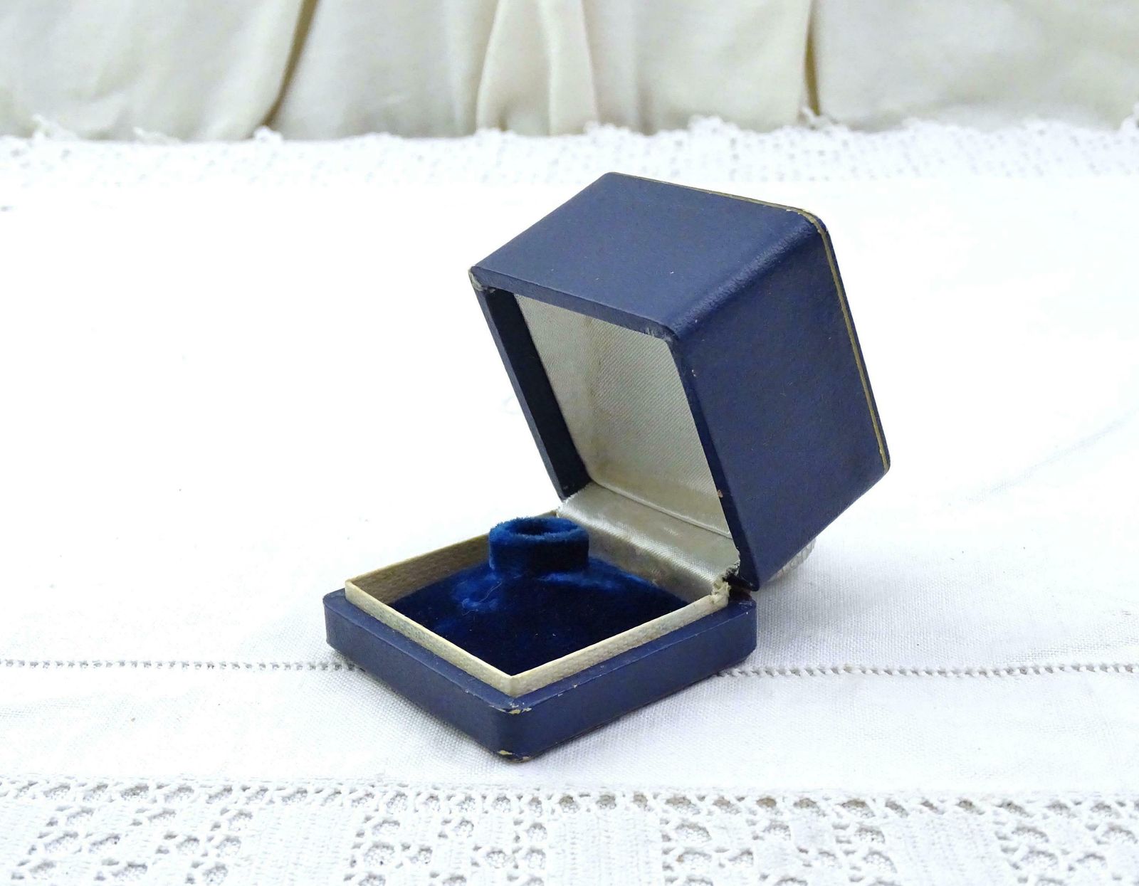 Vintage French Blue Square Leather Covered Ring Box White Velvet Satin Lining, Retro Jewelry Presentation Case, Engagement Wedding Proposal