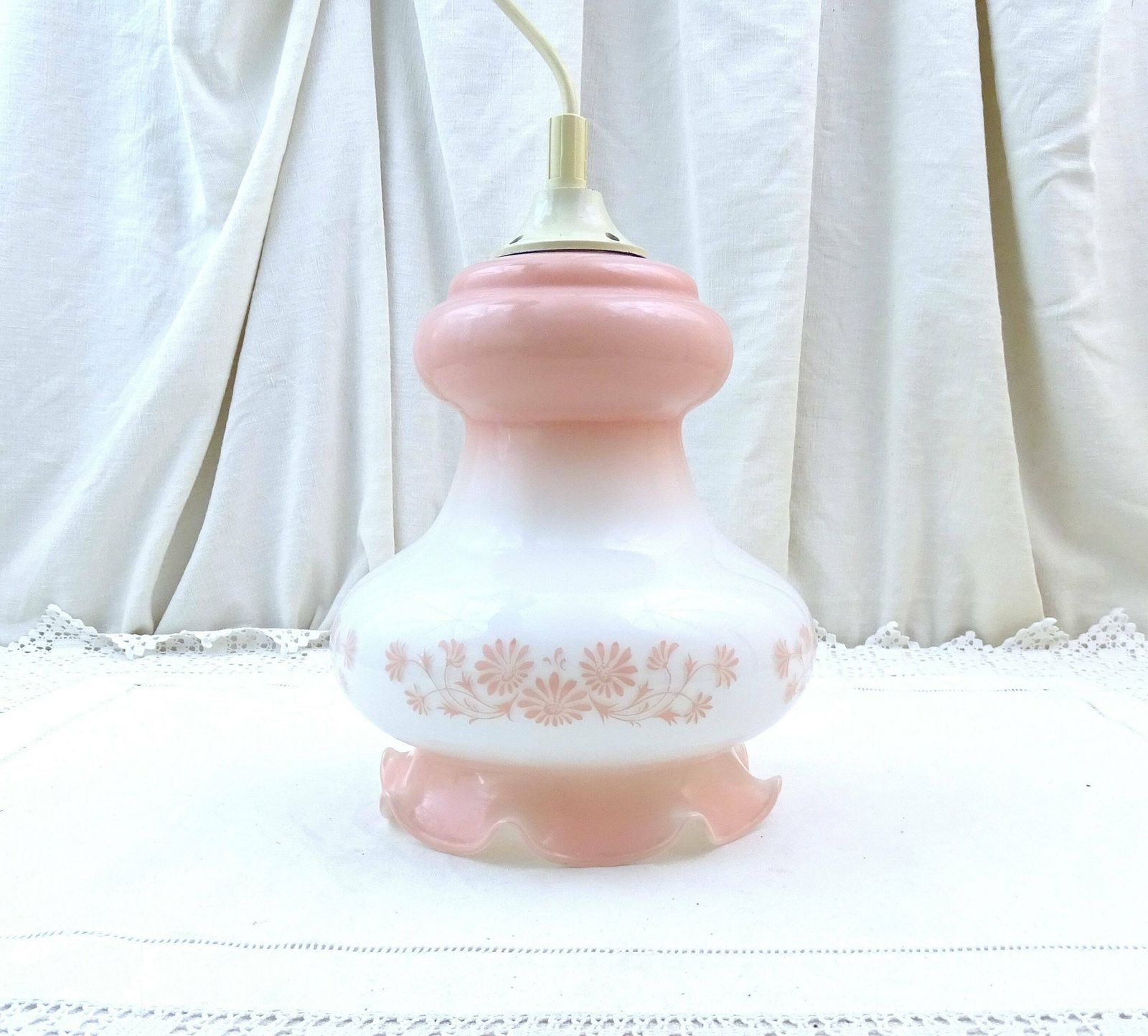 Vintage French Mid Century White And Pink Opaline Pendant Hanging Lamp Shade, Retro 1960s / 1970s Glass Ceiling Light From France