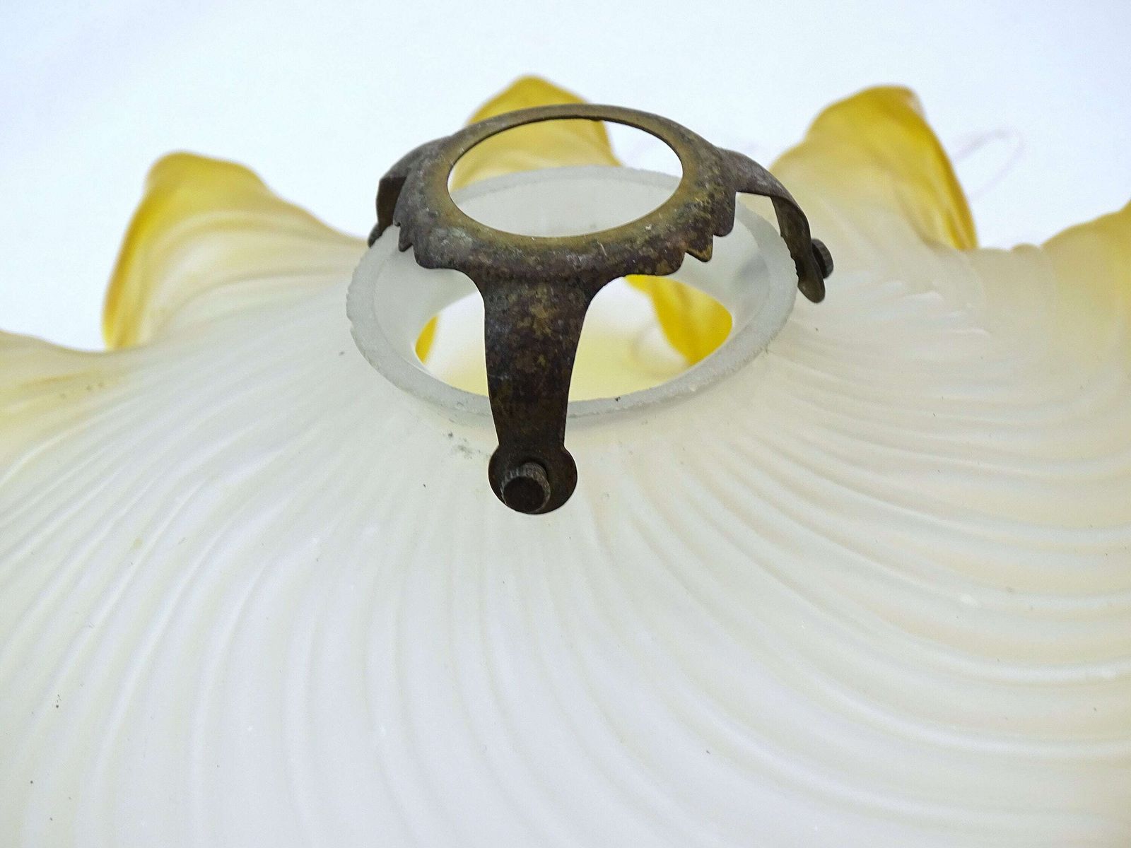 Antique 1920s French Orange And Clear Opaline Glass Hanging Pendant Light Shade With Brass Fixture, Retro Translucent Kitchen Lamp France photo vinterior