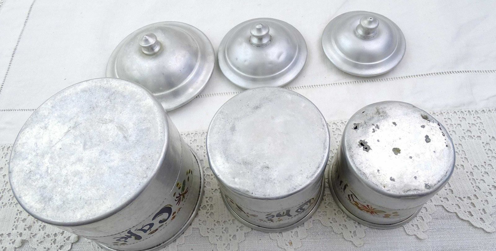 Antique French 3 Piece Canister Set White Silver Metal With Handpainted Labels And Pointed Lids, Retro Old World Kitchen Decor From France photo buy