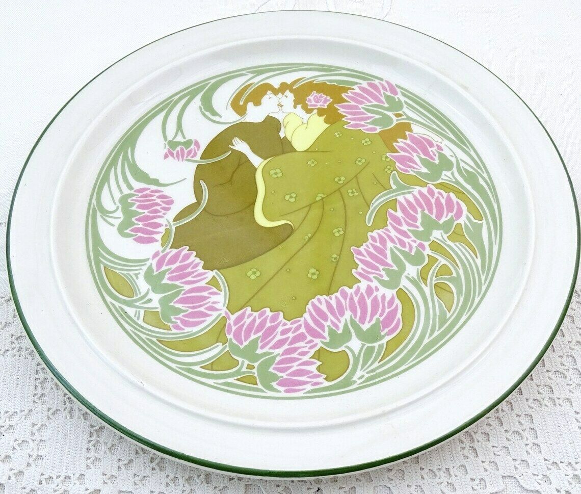 Antique French Art Nouveau Pottery Plate With 2 Lovers Kissing By Keller And Guérin Lunéville Vintage Jugendstil Mucha Style Embracing Couple photo Home Decor