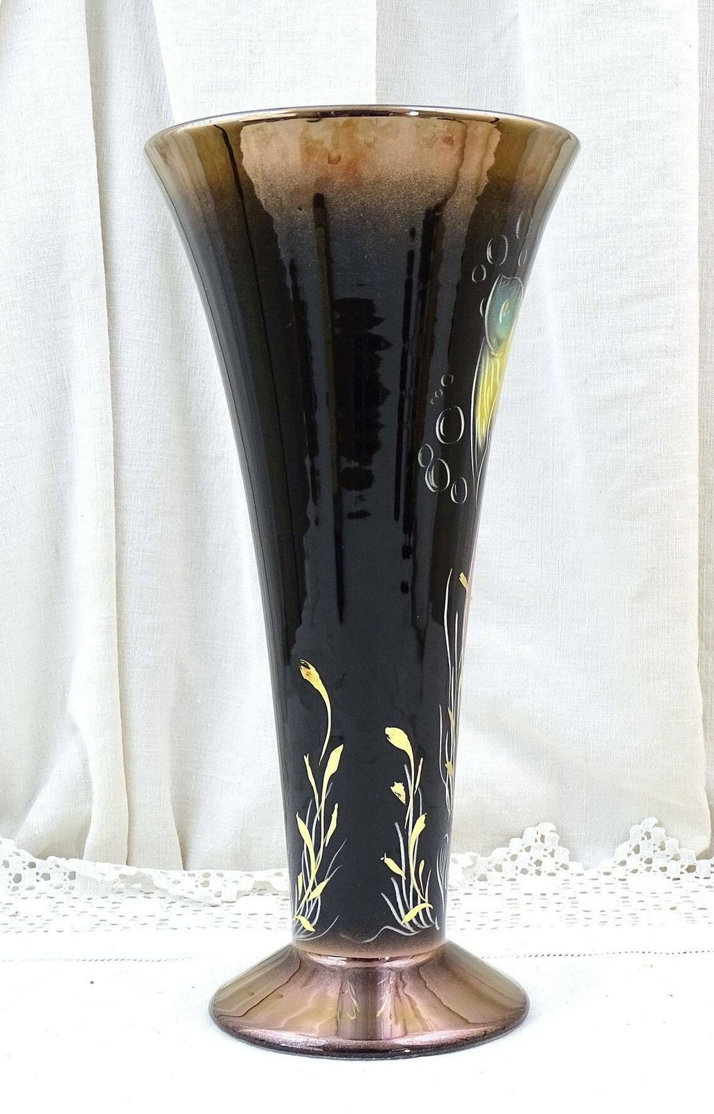 Large 1950s Mid Century Vintage French Hand Painted Lusterware Footed Conical Fluted Vase Exotic Fish Pattern On Black Kitsch Mcm Pottery photo 73.0