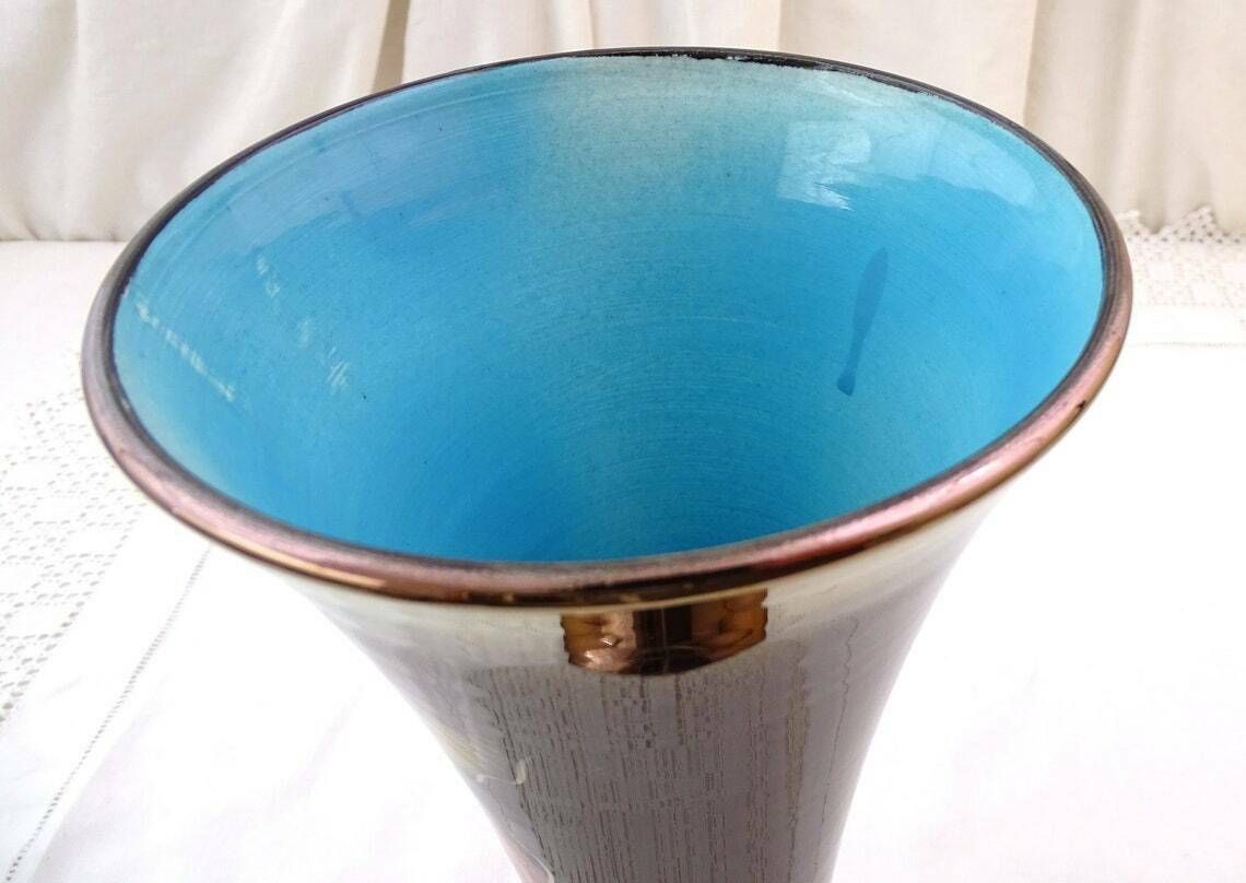 Large 1950s Mid Century Vintage French Hand Painted Lusterware Footed Conical Fluted Vase Exotic Fish Pattern On Black Kitsch Mcm Pottery photo buy