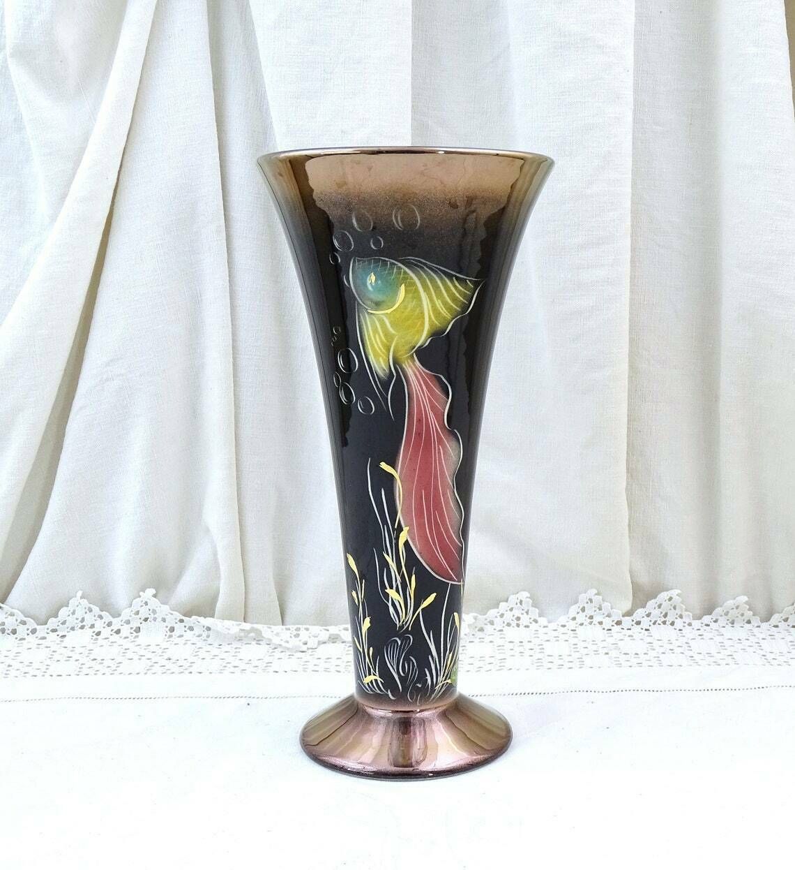 photo furniture Large 1950s Mid Century Vintage French Hand Painted Lusterware Footed Conical Fluted Vase Exotic Fish Pattern On Black Kitsch Mcm Pottery