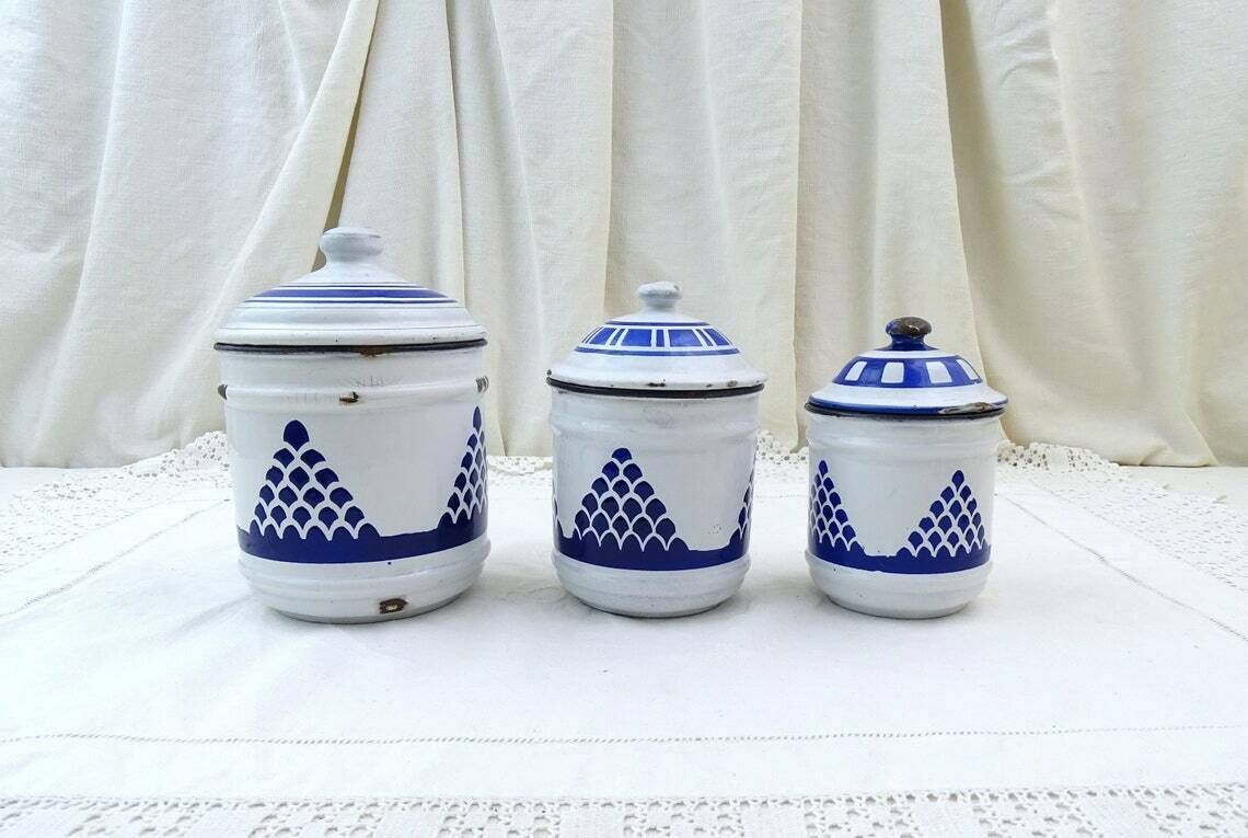 Antique French Chippy Blue And White Enamelware 3 Piece Canister Set Retro Enamel Kitchen Decor France Old Style Metal Storage Containers