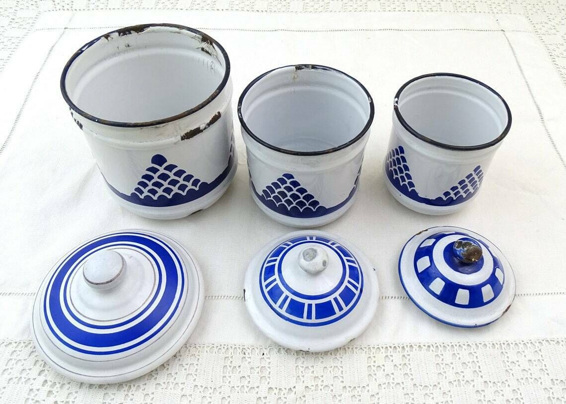 Antique French Chippy Blue And White Enamelware 3 Piece Canister Set Retro Enamel Kitchen Decor France Old Style Metal Storage Containers photo vinterior