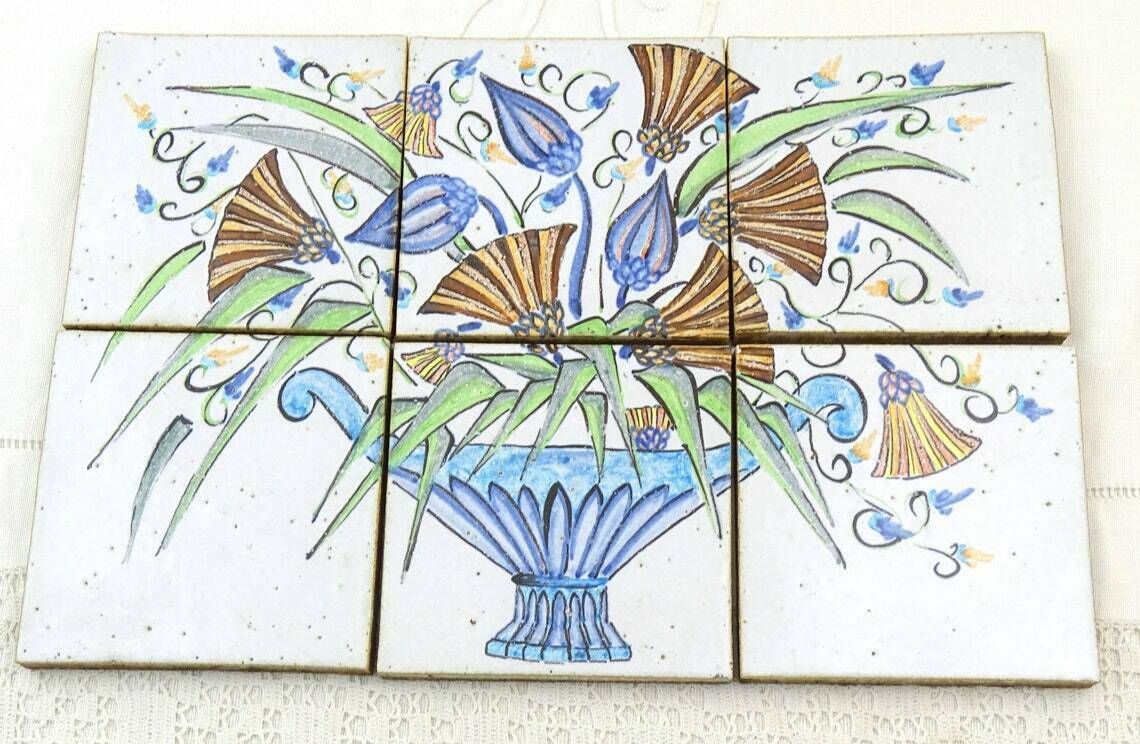 6 Vintage Italian Unused Hand Painted Mural Splash Back Ceramic Square Tiles With Floral Pattern Retro Pottery Kitchen Handmade Decor Italy photo furniture
