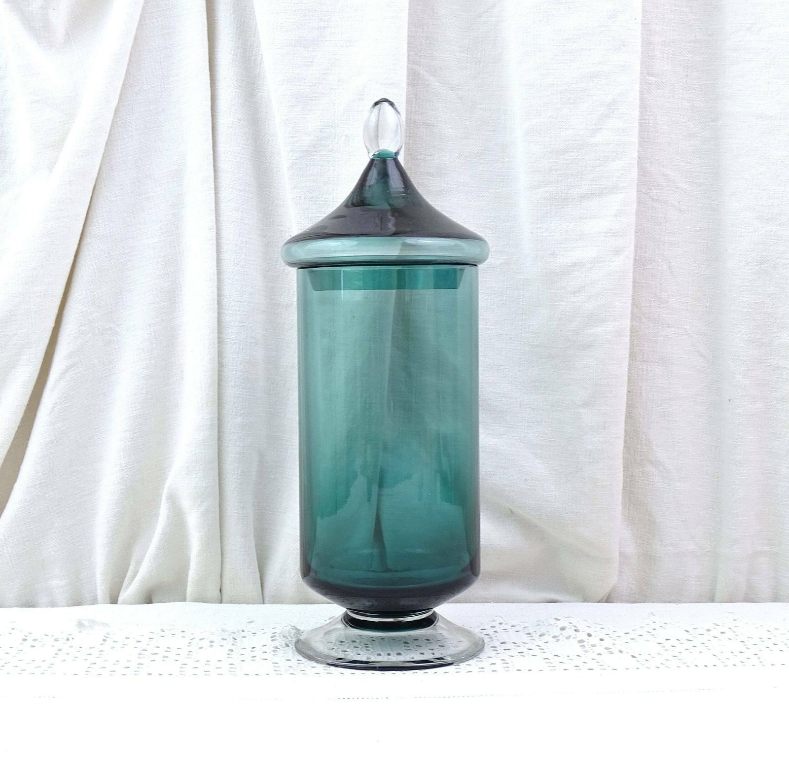 Vintage Mid Century Teal Blue Glass Apothecary Style Footed Jar And Lid With Pointed Finial, Retro 1960s Bathroom Emploi Style Glassware