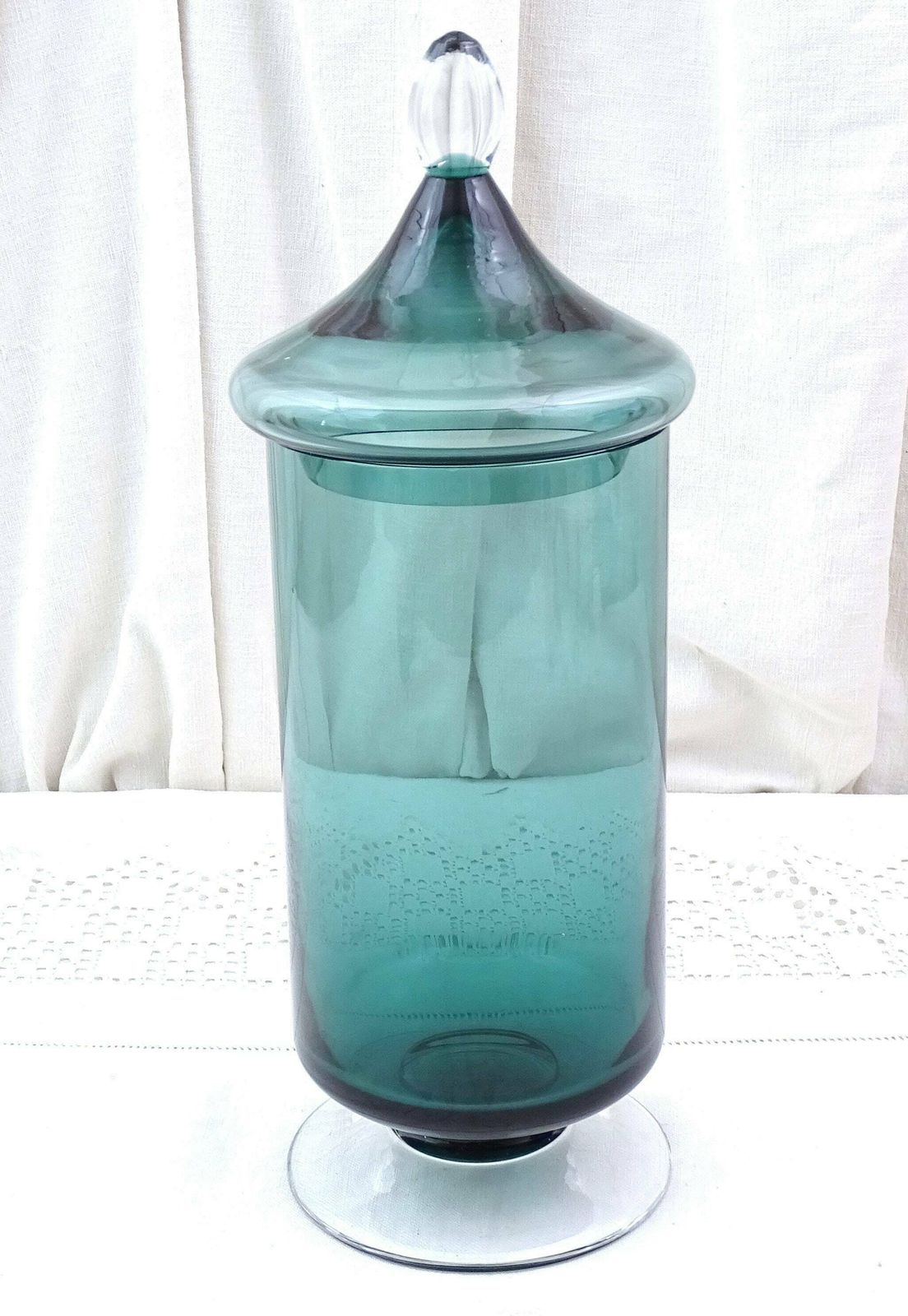 Vintage Mid Century Teal Blue Glass Apothecary Style Footed Jar And Lid With Pointed Finial, Retro 1960s Bathroom Emploi Style Glassware photo furniture