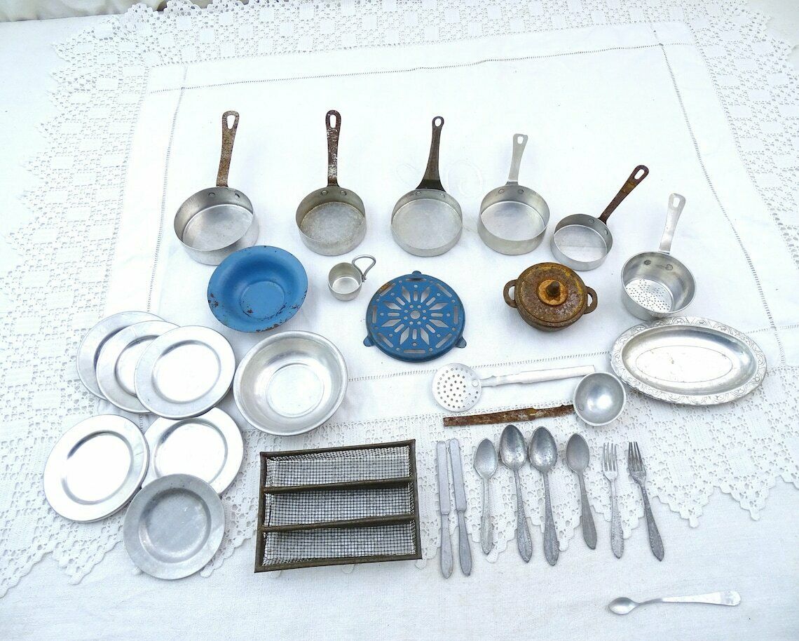 Vintage French Dolls Play Dinner Set With Enamel Trivet, Cutlery And Cast Iron Cooking Pot, Retro Childs Pretend Kitchen Toys, Kids Playing