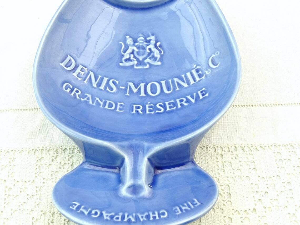 Large Vintage French Denis Mounié And Co Grande Reserve Fine Champagne Ashtray In Blue Glazed Pottery, Retro Big Promotional Smoking Item photo furniture