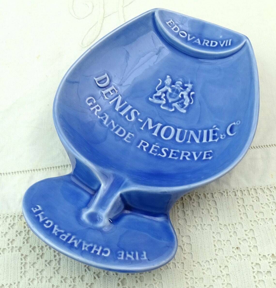 Large Vintage French Denis Mounié And Co Grande Reserve Fine Champagne Ashtray In Blue Glazed Pottery, Retro Big Promotional Smoking Item photo 75.0