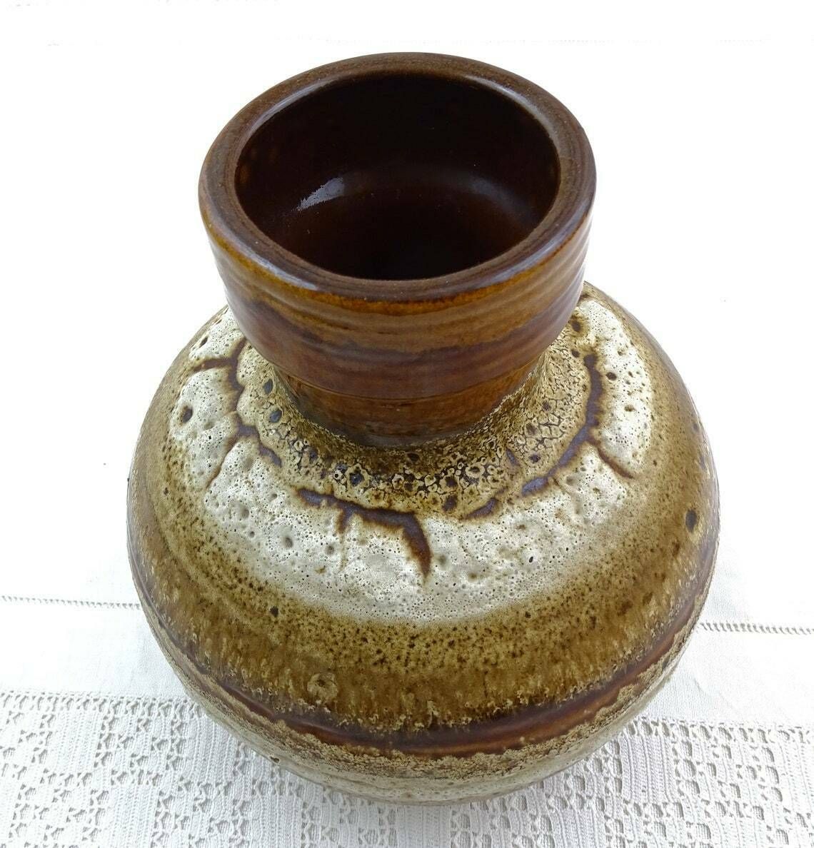 Round Vintage Mid Century West German Table Vase With Brown Striped Fat Lava Glaze By Carstens Tonnieshof For Keramik Model Number 1608 20 photo vinterior