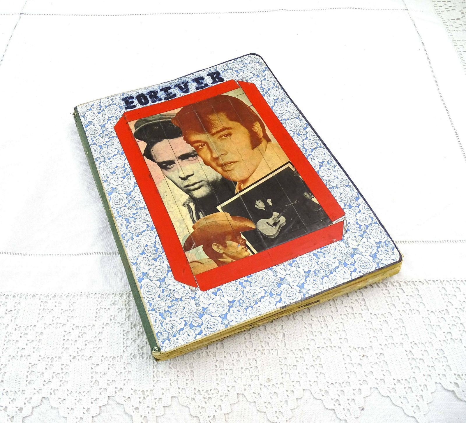 Scrapbook vintage français fait main, Elvis Presley et James Dean, collage rétro unique de coupures de presse, ancienne collection photo furniture