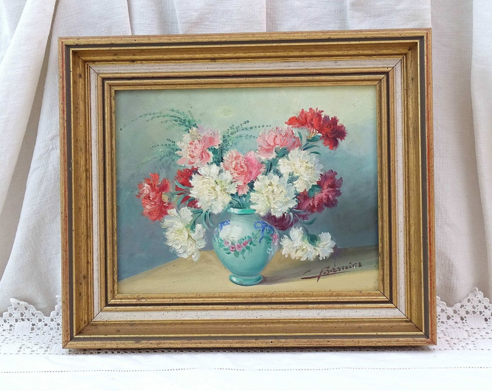 Vintage French Framed Oil Painting Of Carnation Flowers In Vase, Retro Hand Painted Picture Of Pink Red And White Floral Decoration Frame photo furniture