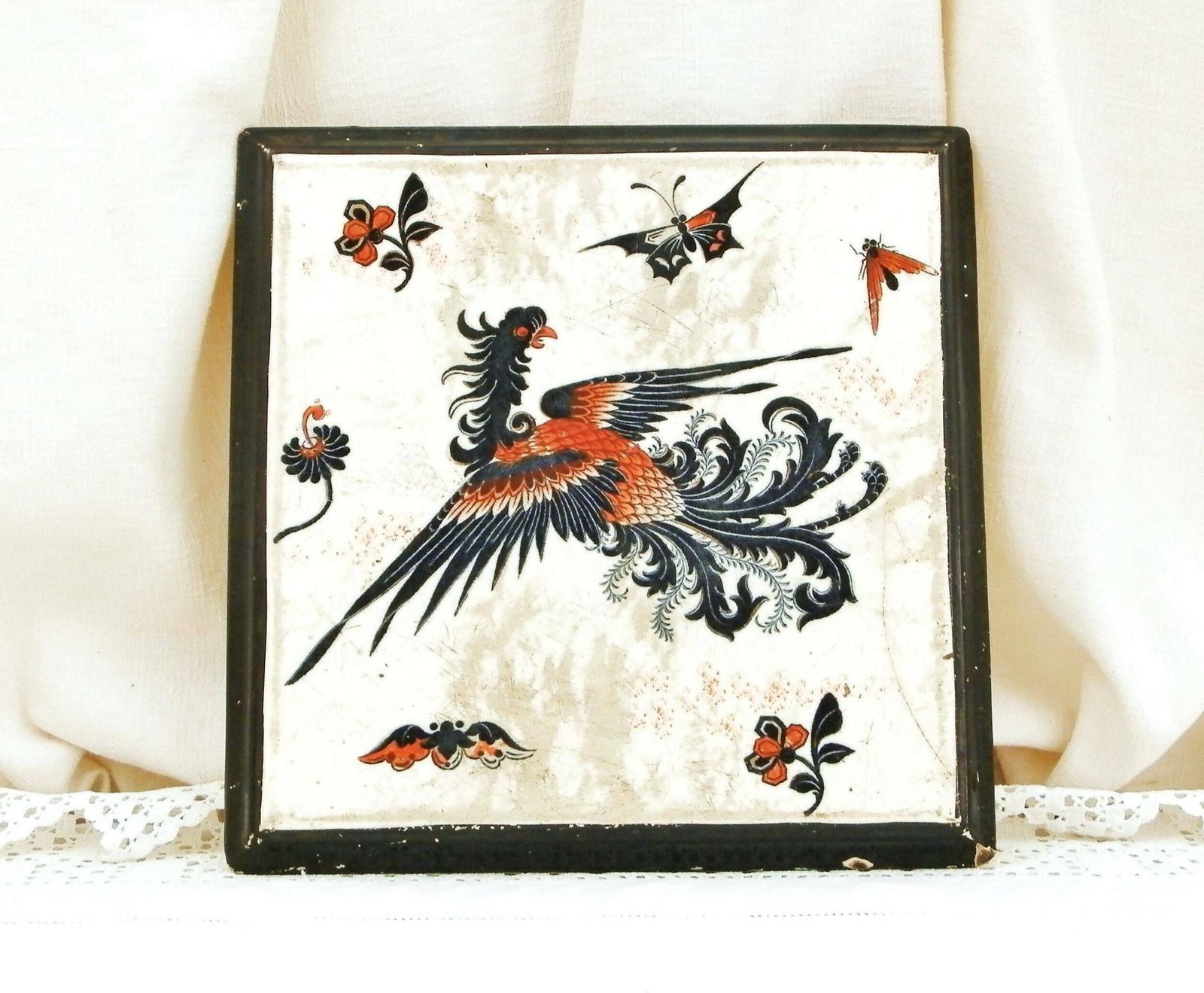 Antique French 19 Th Century Square Ceramic Luneville Kg Hot Mat / Trivet / Heat Plate With A Black Dragon Pattern, Paris Brocante Decor photo furniture