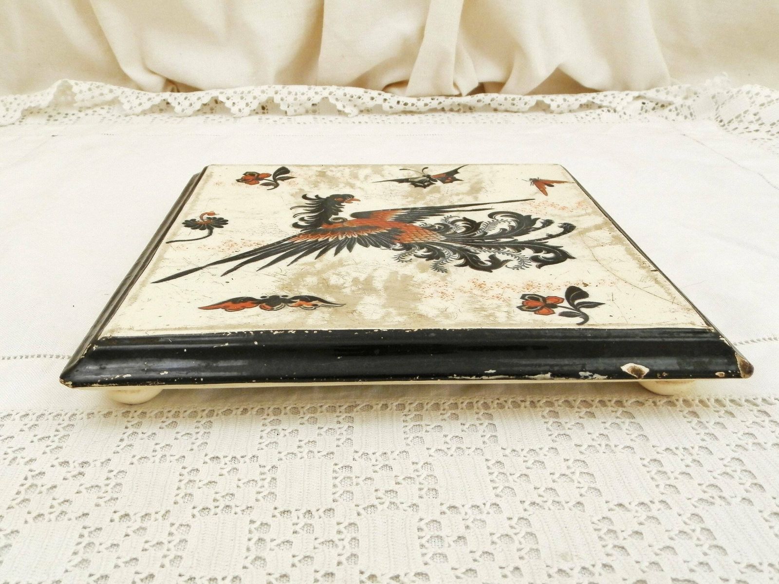 Antiek Frans Keramisch Onderzetter / Warmhoudplaat Met Drakenmotief – Luneville Kg, 19e Eeuw – Paris Brocante Decor photo Kunst