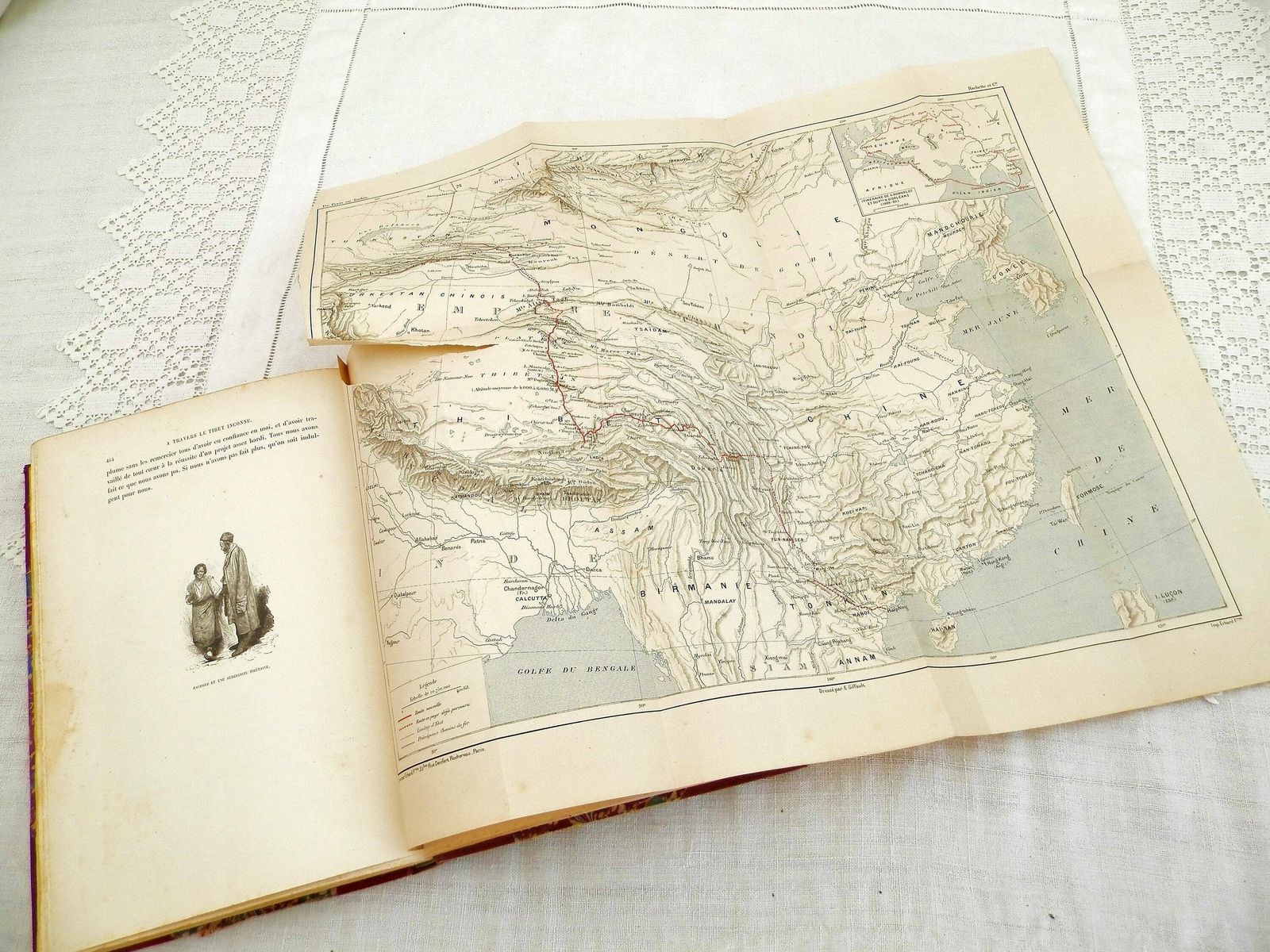 Rare Antique Book In Red Leather And Marbled Paper By Gabriel Bonvalot "De Paris Au Tonkin A Travers Le Tibet Inconnu" 1892 Explorer Map photo vinterior