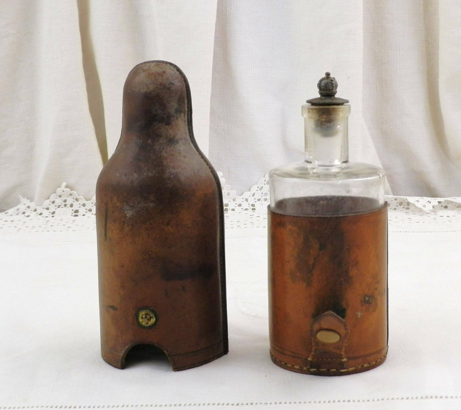French Antique Travel Scent Perfume Glass Bottle With Leather Cover, Vintage Luggage Accessory From France, Retro Boudoir Grooming Curio photo furniture