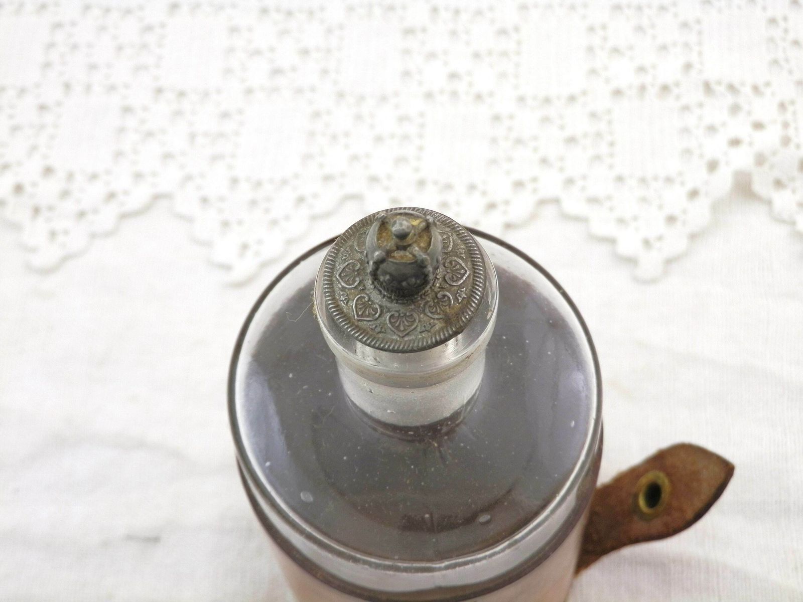French Antique Travel Scent Perfume Glass Bottle With Leather Cover, Vintage Luggage Accessory From France, Retro Boudoir Grooming Curio photo Home Decor