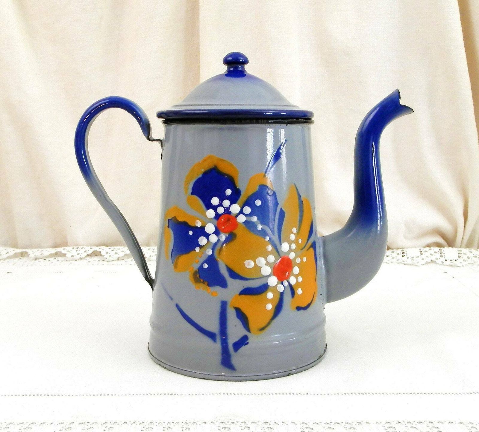 Antique French Painted Flower Pattern Blue Porcelain Enamel Goose Neck Coffee Pot, Enamelware Cafetiere From France, Country Kitchen Decor photo furniture