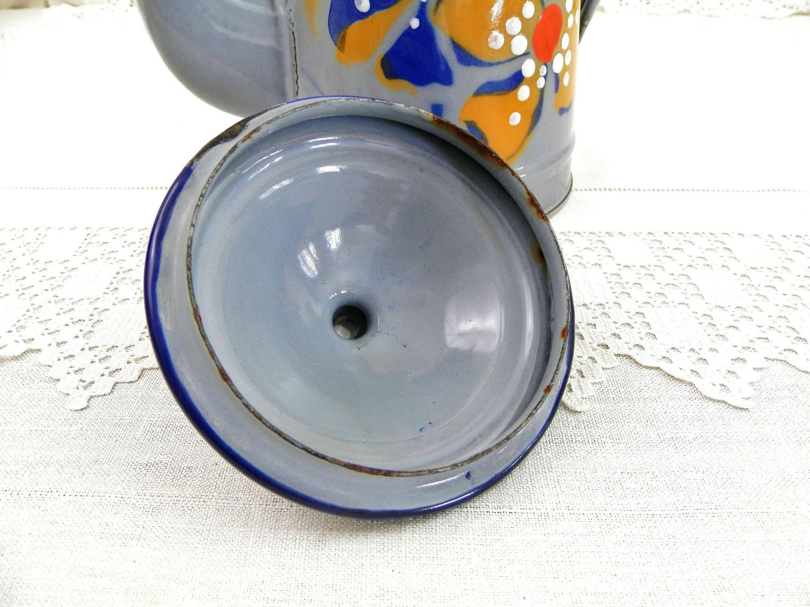 Antique French Painted Flower Pattern Blue Porcelain Enamel Goose Neck Coffee Pot, Enamelware Cafetiere From France, Country Kitchen Decor photo 57.0
