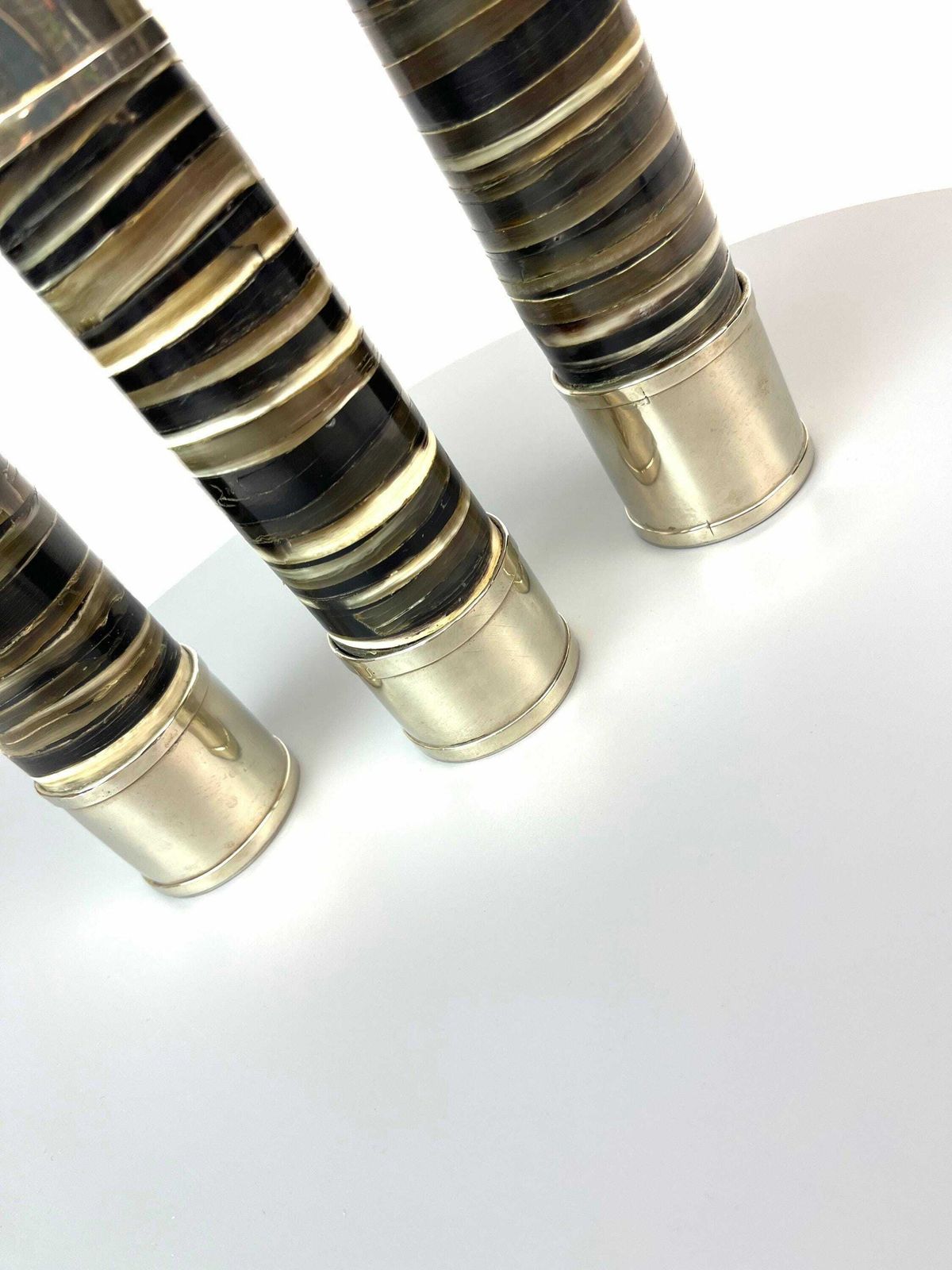 Unique Handmade Set Of Three Mid Century Horn & Silver Plate Candlesticks By Airedelsur Argentina photo vinterior