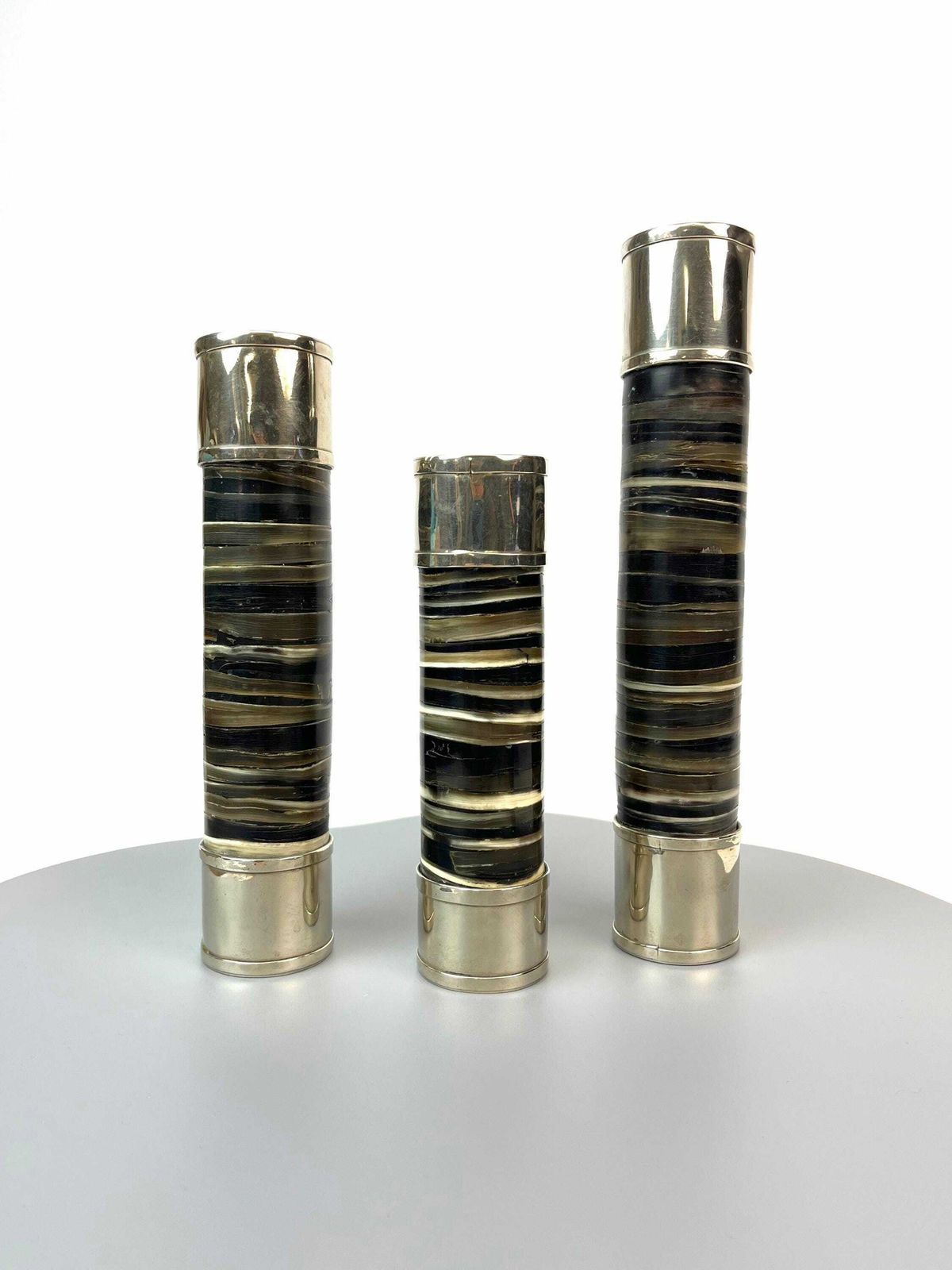 Unique Handmade Set Of Three Mid Century Horn & Silver Plate Candlesticks By Airedelsur Argentina photo vintage