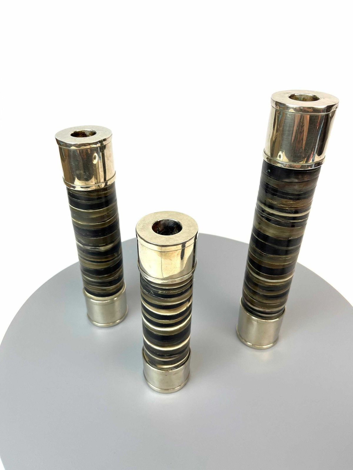 photo furniture Unique Handmade Set Of Three Mid Century Horn & Silver Plate Candlesticks By Airedelsur Argentina