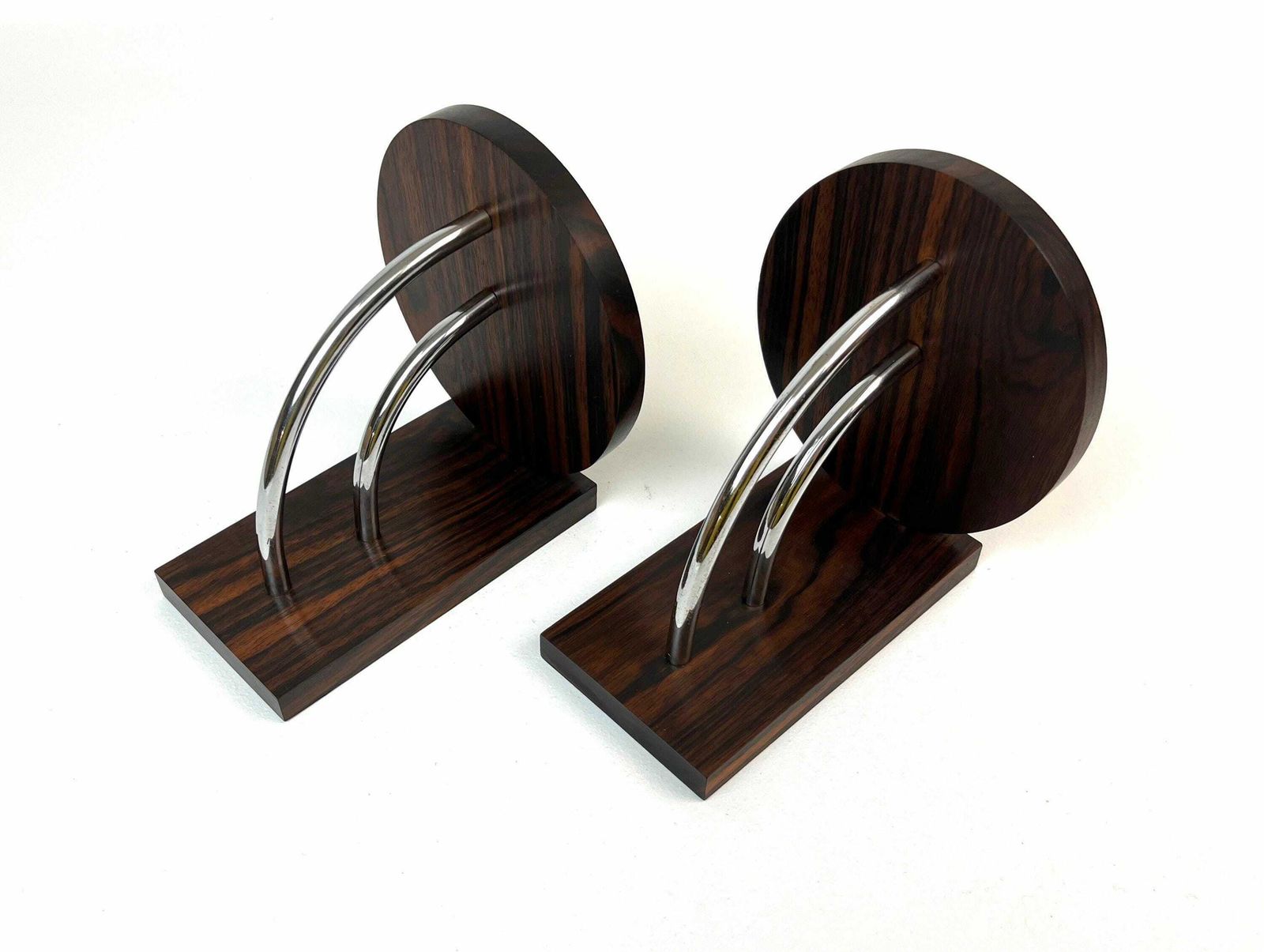 Stunning Bauhaus Art Deco Avantgarde Geometric Cubist Pair Rosewood Chrome Bookends photo vinterior