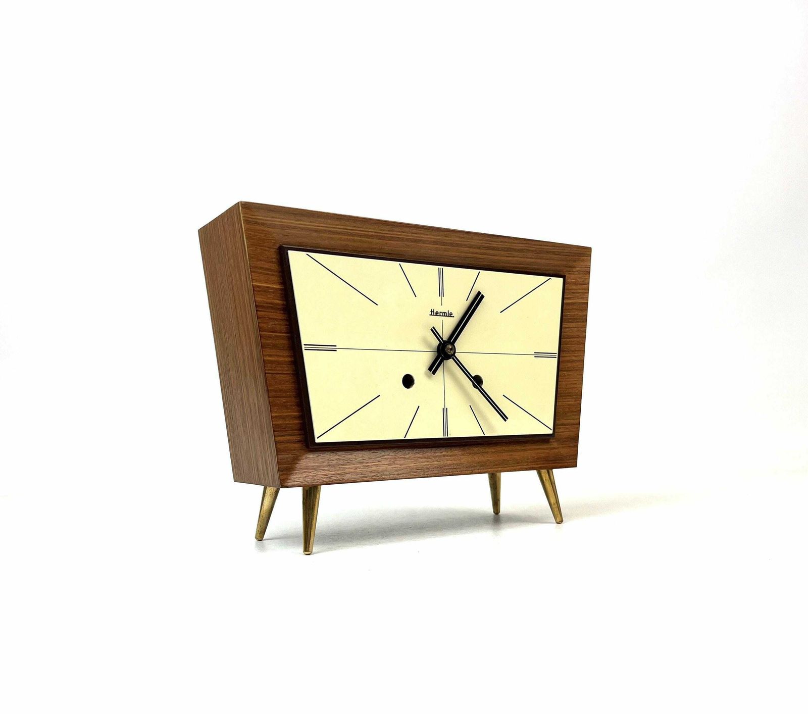 photo furniture Rare Minimalist Mid Century Teak Desk Clock By Hermle Germany 1960