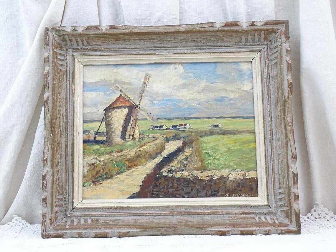 Vintage Met De Hand Geschilderd Ingelijst Olieverfschilderij – Molen In Landschap – Retro Jaren 1950 – Mid Century Wanddecoratie Met Houten Lijst photo furniture