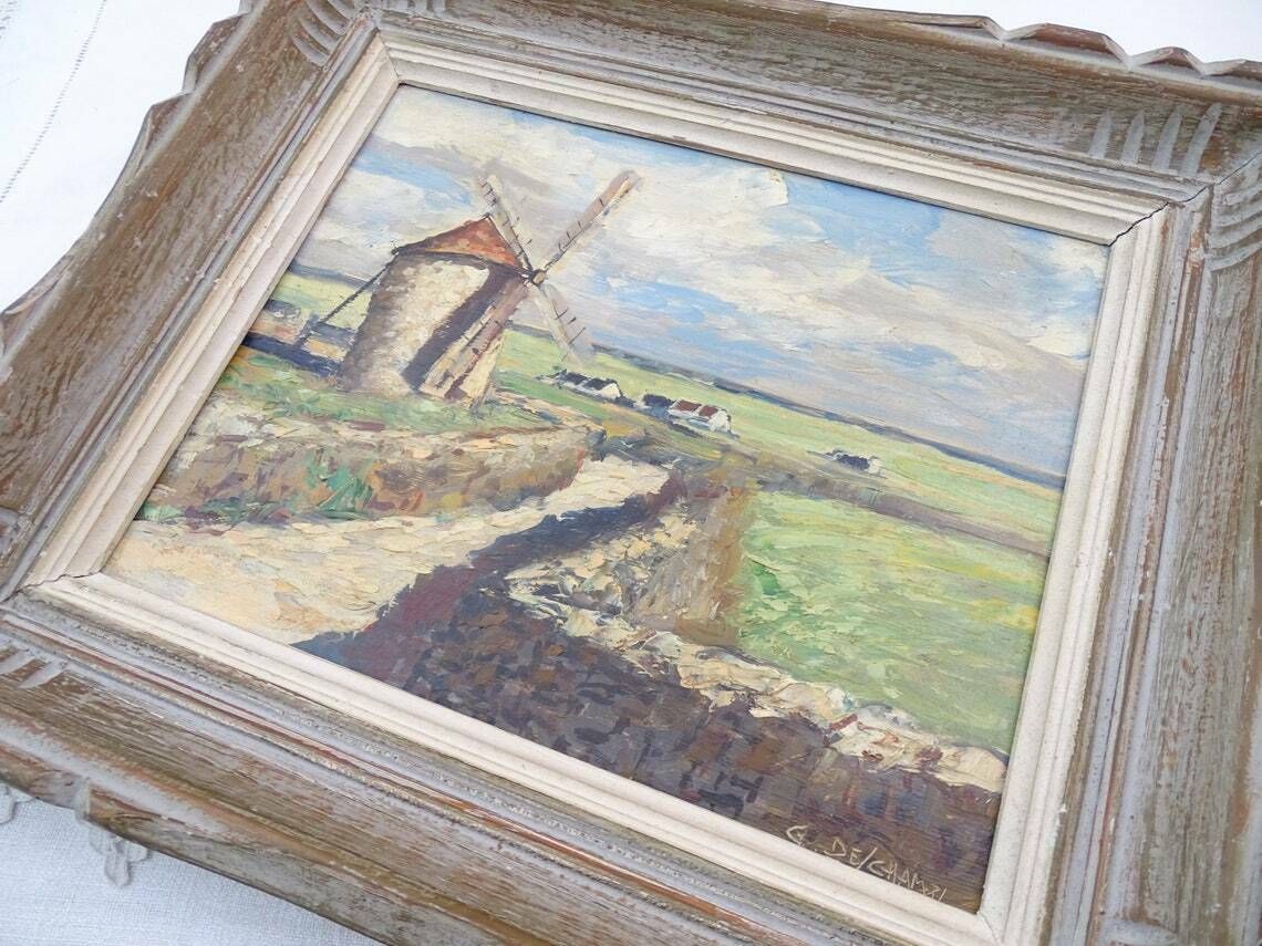 Vintage Hand Painted Framed Oil Painting Windmill In Countryside Retro 1950s Countryside Picture With Wooden Frame Mid Century Wall Art photo Art
