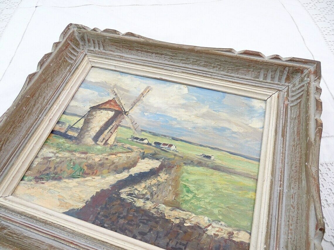 Vintage Met De Hand Geschilderd Ingelijst Olieverfschilderij – Molen In Landschap – Retro Jaren 1950 – Mid Century Wanddecoratie Met Houten Lijst photo 98.0