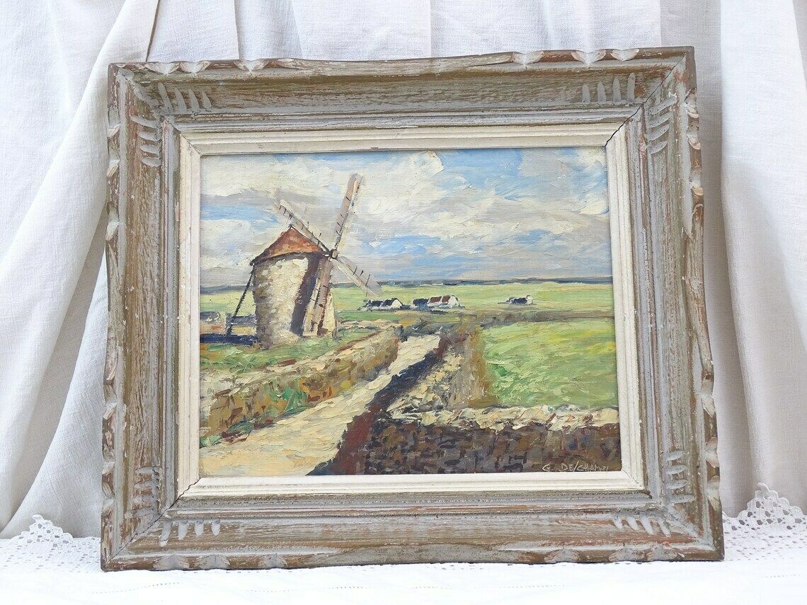 Vintage Hand Painted Framed Oil Painting Windmill In Countryside Retro 1950s Countryside Picture With Wooden Frame Mid Century Wall Art photo buy