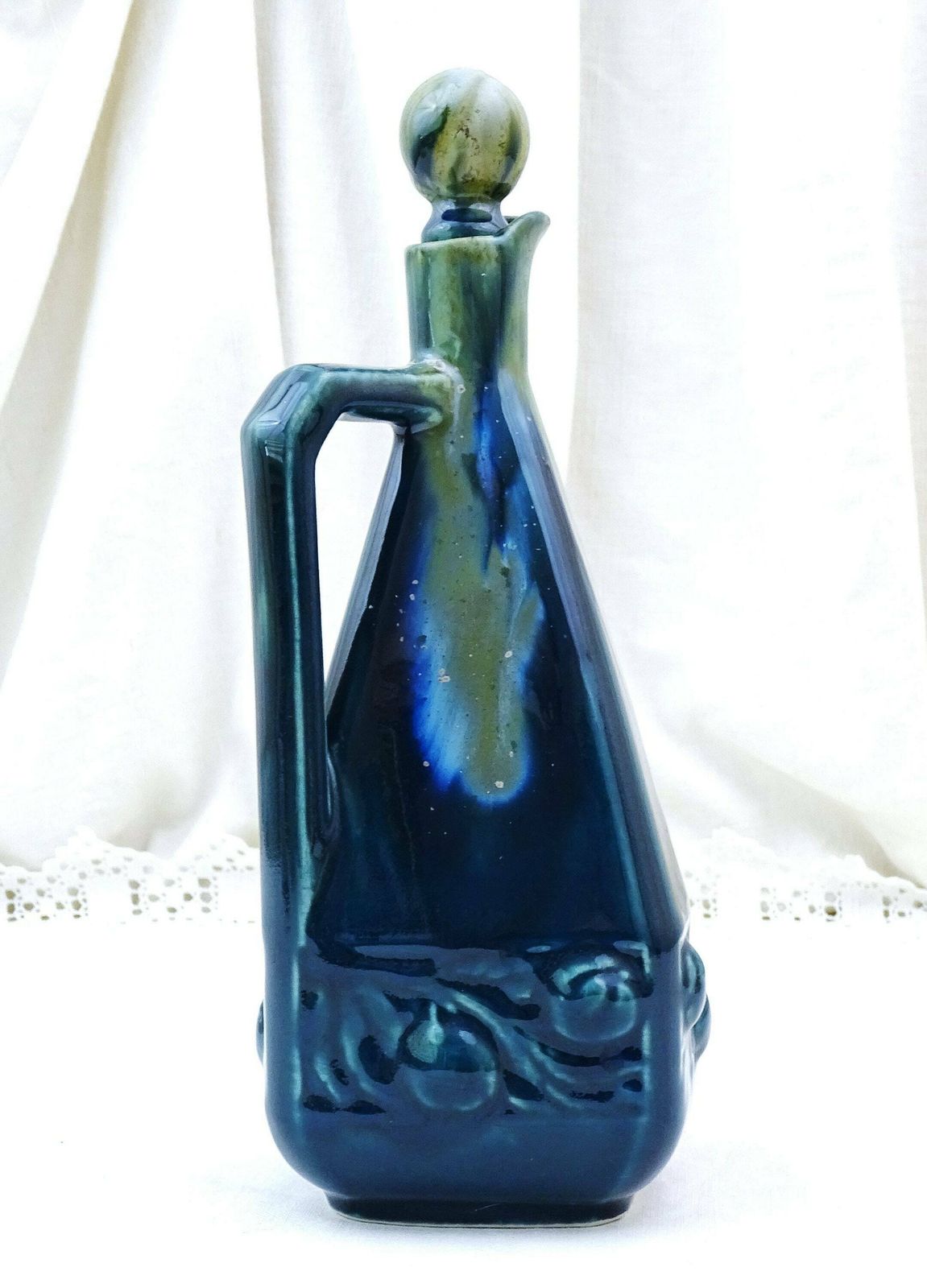 Antique French Denbac Ceramic Art Deco Decanter And Stopper In Blue Drip Glaze, Retro 1930s Pottery Pitcher From France, Teal Blue Jug photo for sale